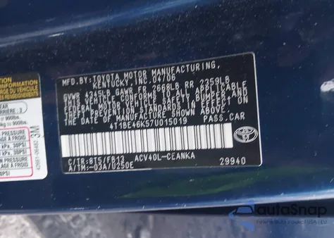 2007 Toyota Camry Le z USA, uszkodzony, nr VIN 4T1BE46K57U015019